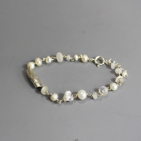 Moonstone Pearl Bracelet, Sterling Silver Chain Bracelet, Bridal Bracelet, Gemstone Bracelet, June Birthstone, Wedding Bracelet, Unique