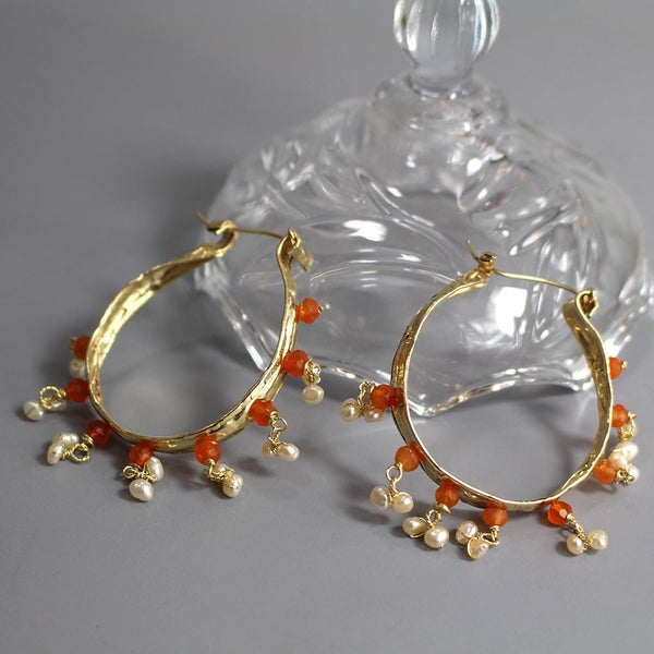 Extra Large Hoops, Hammered Hoop Earrings, Carnelian Hoop Earrings, Gemstone Hoop Earrings, XL Hoop Earrings, Unique Statement Hoop Earrings