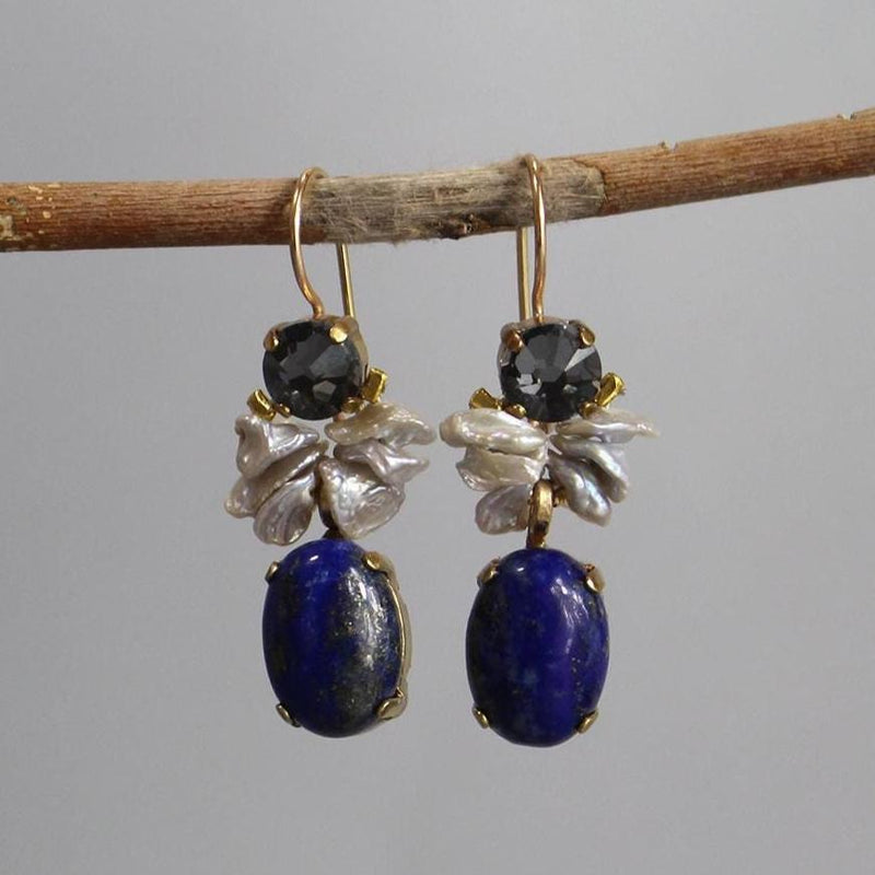 Lapis Drop Earrings, Gemstone Earrings, Statement Earrings, Swarovski Earrings, Unique Earrings, Birthstone Earrings, Pearl Earrings