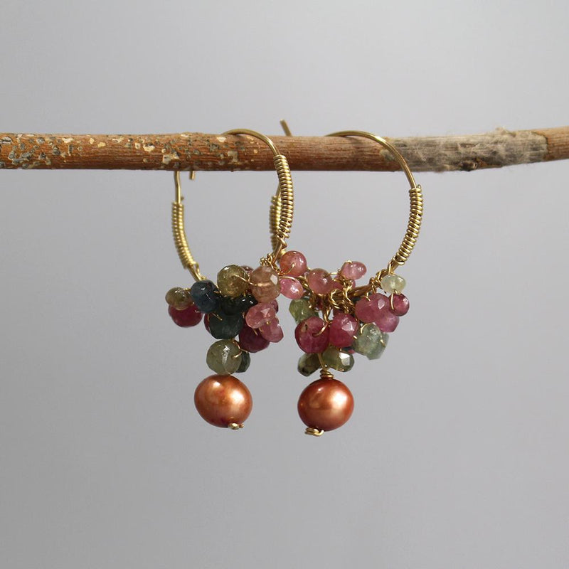 Large Tourmaline Cluster Earrings, Wire Wrap Hoop Earrings, Bronze Pearl Drop Earrings, Dangle Hoops, Gemstone Hoop Earrings, Gift Idea