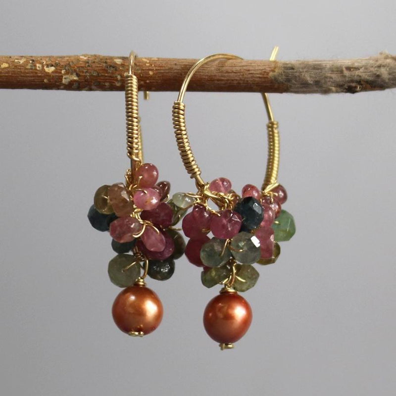 Large Tourmaline Cluster Earrings, Wire Wrap Hoop Earrings, Bronze Pearl Drop Earrings, Dangle Hoops, Gemstone Hoop Earrings, Gift Idea