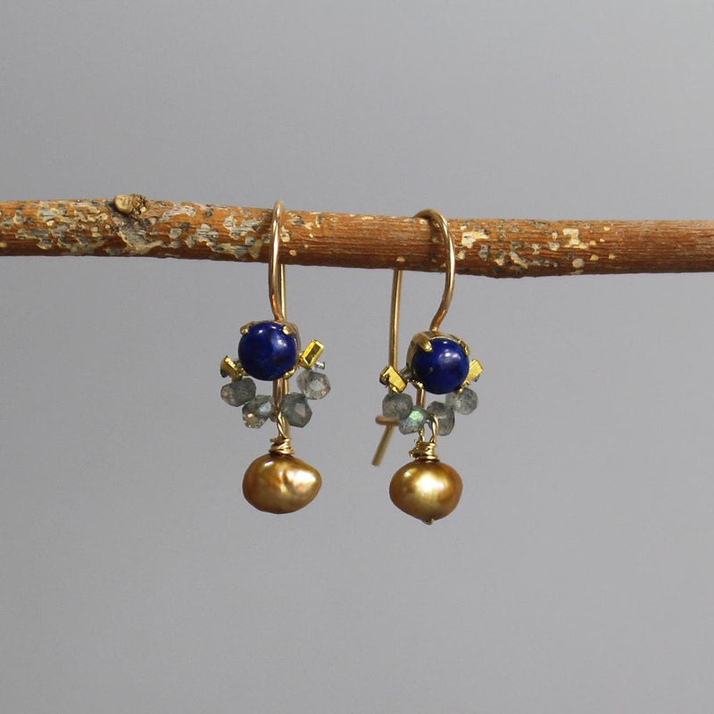 Dainty Lapis Earrings, Elegant Blue Earrings, Small Gold Filled Earrings, Petite Earrings, Labradorite Earrings, Drop Earrings, Golden Pearl