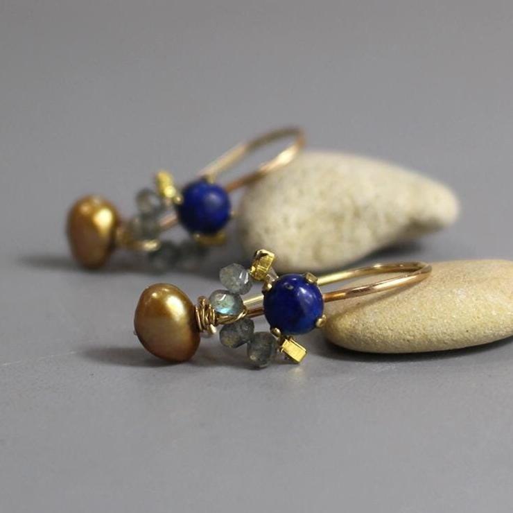 Dainty Lapis Earrings, Elegant Blue Earrings, Small Gold Filled Earrings, Petite Earrings, Labradorite Earrings, Drop Earrings, Golden Pearl