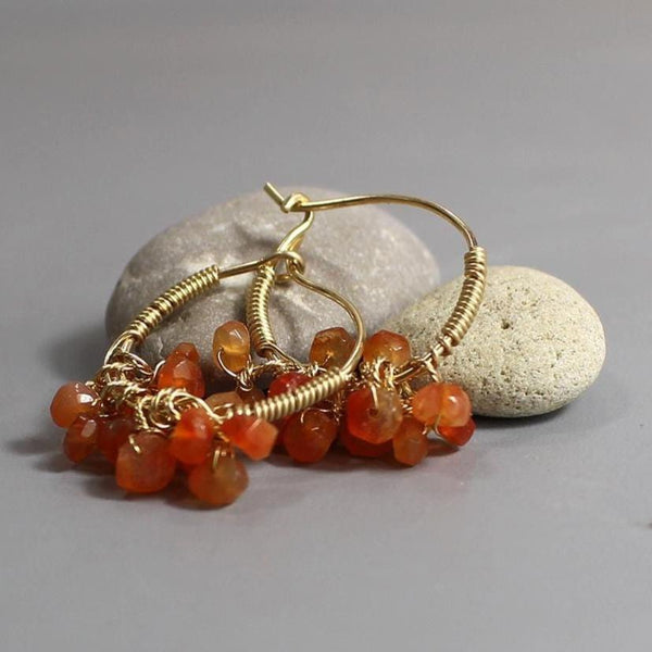 Carnelian Hoop Earrings, Large Cluster Earrings, Wire Wrap Hoops, Orange Carnelian Earrings, Dangle Hoops, Gemstone Hoop Earrings