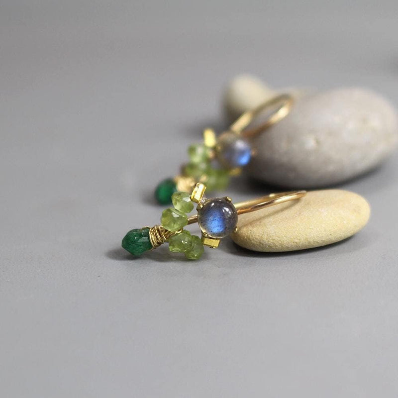 Delicate Labradorite Earrings, Green Earrings, Gold Filled Earrings, Petite Earrings, Gift for Her, Drop Earrings, Peridot, Aventurine