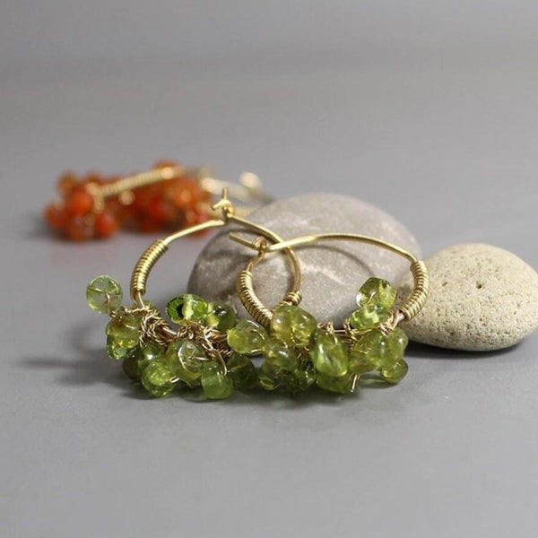 Peridot Hoop Earrings, Large Cluster Earrings, Wire Wrap Hoops, Peridot Birthstone Earrings, Unique Bouquet Hoops, Gemstone Hoop Earrings