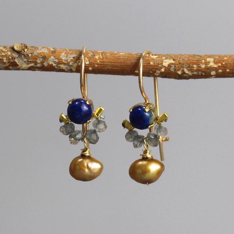 Dainty Lapis Earrings, Elegant Blue Earrings, Small Gold Filled Earrings, Petite Earrings, Labradorite Earrings, Drop Earrings, Golden Pearl