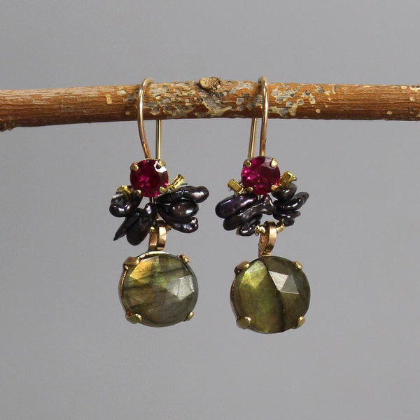 Unique Earrings, Gold Filled Earrings, Labradorite Drop Earrings, Multi Stone Earrings, Fuchsia Earrings, Gift for Her, Gemstone Earrings