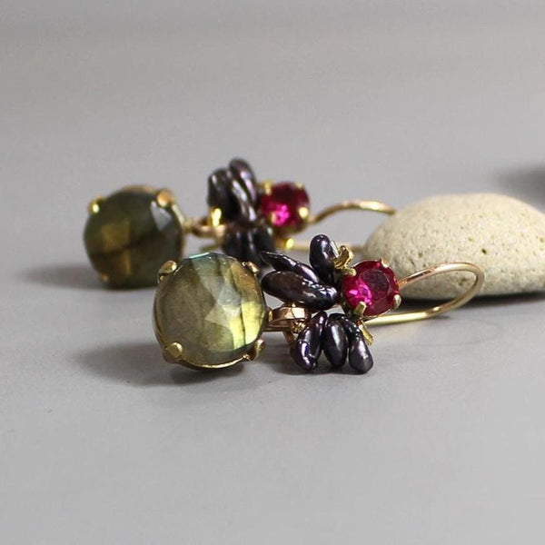 Unique Earrings, Gold Filled Earrings, Labradorite Drop Earrings, Multi Stone Earrings, Fuchsia Earrings, Gift for Her, Gemstone Earrings