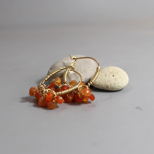 Carnelian Hoop Earrings, Large Cluster Earrings, Wire Wrap Hoops, Orange Carnelian Earrings, Dangle Hoops, Gemstone Hoop Earrings