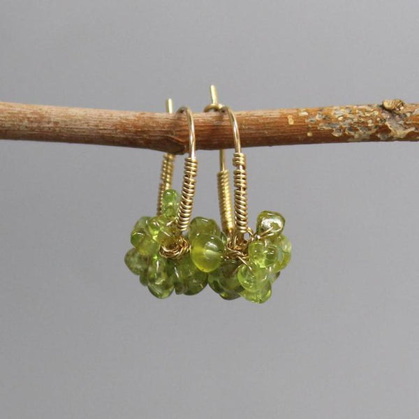 Peridot Hoop Earrings, Large Cluster Earrings, Wire Wrap Hoops, Peridot Birthstone Earrings, Unique Bouquet Hoops, Gemstone Hoop Earrings