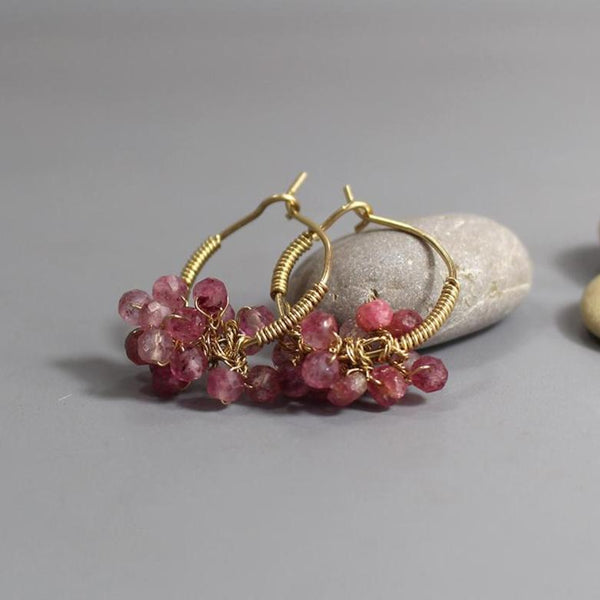 Strawberry Quartz Hoop Earrings, Bouquet Earrings, Wire Wrap Hoops, Unique Gold Filled Earrings, Gemstone Hoop Earrings