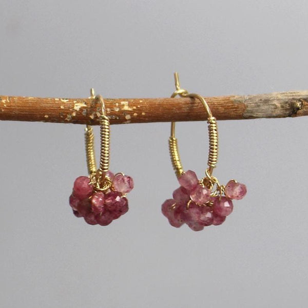 Strawberry Quartz Hoop Earrings, Bouquet Earrings, Wire Wrap Hoops, Unique Gold Filled Earrings, Gemstone Hoop Earrings