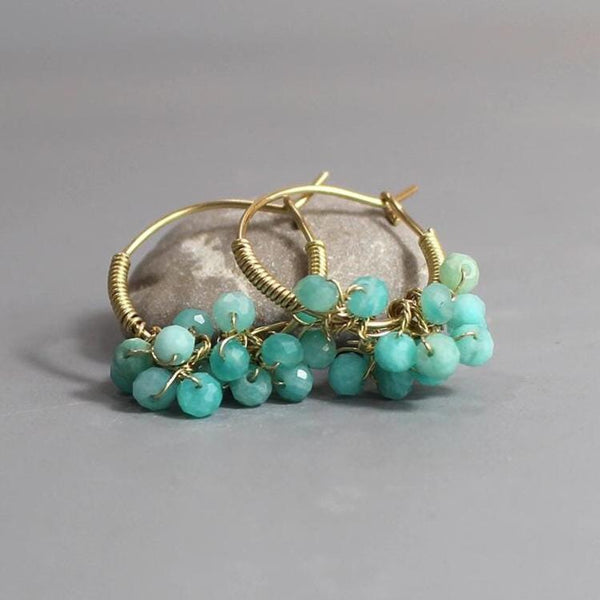 Amazonite Hoop Earrings, Bouquet Earrings, Wire Wrap Hoops, Unique Gold Filled Earrings, Gemstone Hoop Earrings, Light Blue Hoops, Gift Idea