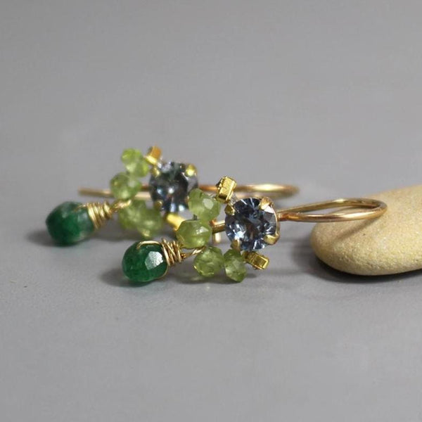 Dainty Green Earrings, Blue Zircon Earrings, Gold Filled Earrings, Peridot Earrings, Gift for Her, Tiny Drop Earrings, Aventurine