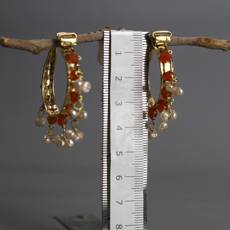 Carnelian Gemstone Hoops, Hammered Hoop Earrings, Pearl Hoop Earrings, Medium Hoop Earrings, Statement Hoop Earrings, Unique Earrings