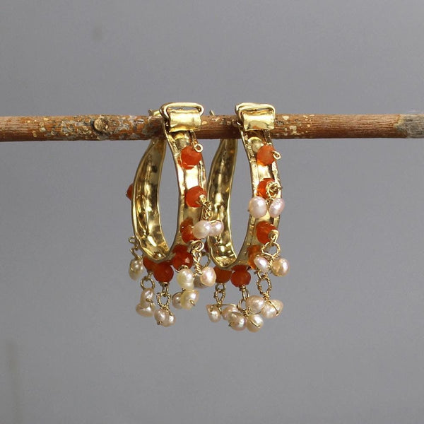 Carnelian Gemstone Hoops, Hammered Hoop Earrings, Pearl Hoop Earrings, Medium Hoop Earrings, Statement Hoop Earrings, Unique Earrings