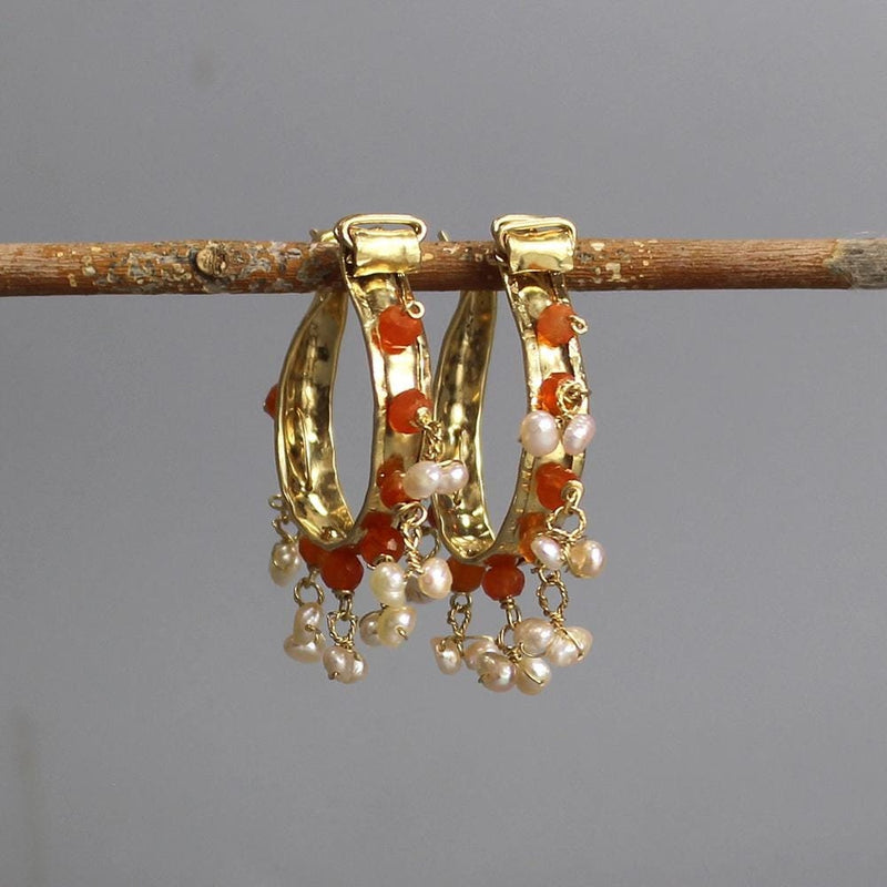 Carnelian Gemstone Hoops, Hammered Hoop Earrings, Pearl Hoop Earrings, Medium Hoop Earrings, Statement Hoop Earrings, Unique Earrings