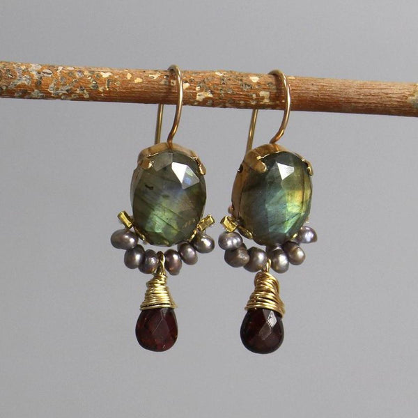 Statement Labradorite Earrings, Garnet Drop Earrings, Unique Earrings, Winter Jewelry, Grey Pearl Earrings, Gemstone Earrings, Multi Stone