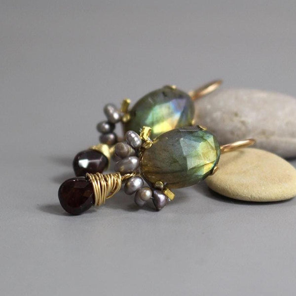 Statement Labradorite Earrings, Garnet Drop Earrings, Unique Earrings, Winter Jewelry, Grey Pearl Earrings, Gemstone Earrings, Multi Stone