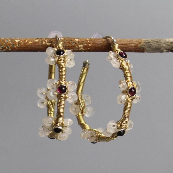 Garnet Moonstone Hoop Earrings, Garnet Jewelry, Large Hoop Earrings, Flower Hoop Earrings, Jasmine Earrings, Boho Hoops, Moonstone Hoops