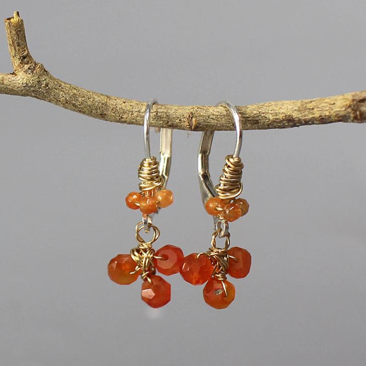 Carnelian Earrings, Unique Drop Earrings, Wire Wrap Earrings, Cluster Earrings, Gemstone Jewelry, Small Dangle Earrings, Unique Earrings