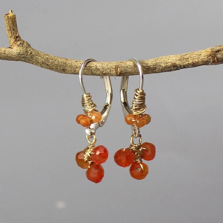 Carnelian Earrings, Unique Drop Earrings, Wire Wrap Earrings, Cluster Earrings, Gemstone Jewelry, Small Dangle Earrings, Unique Earrings