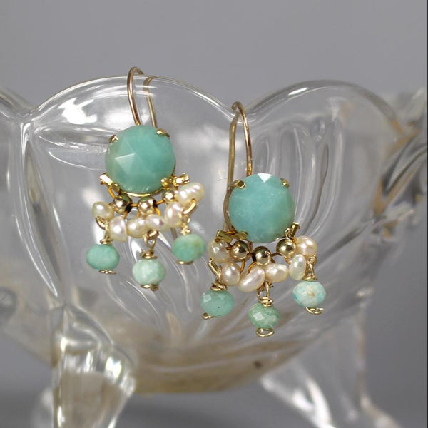 Light Blue Amazonite Earrings, Unique Boho Earrings, Pearl Earrings, Summer Bridal Earrings, Multi Stone Earrings, Bohemian Earrings