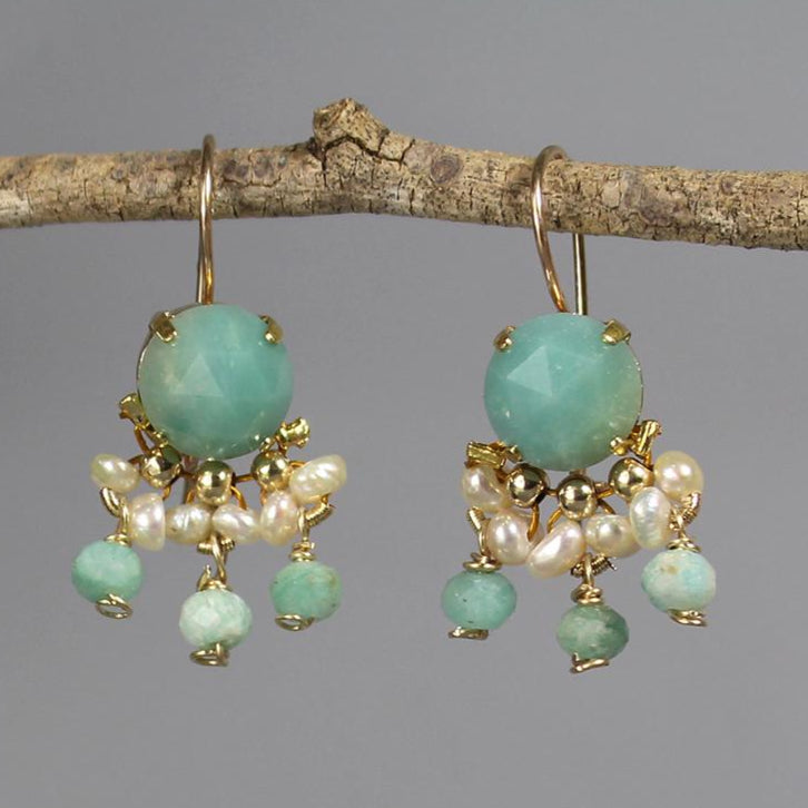 Light Blue Amazonite Earrings, Unique Boho Earrings, Pearl Earrings, Summer Bridal Earrings, Multi Stone Earrings, Bohemian Earrings