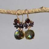 Statement Handcrafted Multi Stone Dangle Earrings - Garnet, Dark Grey Keshi Pearls, Labradorite