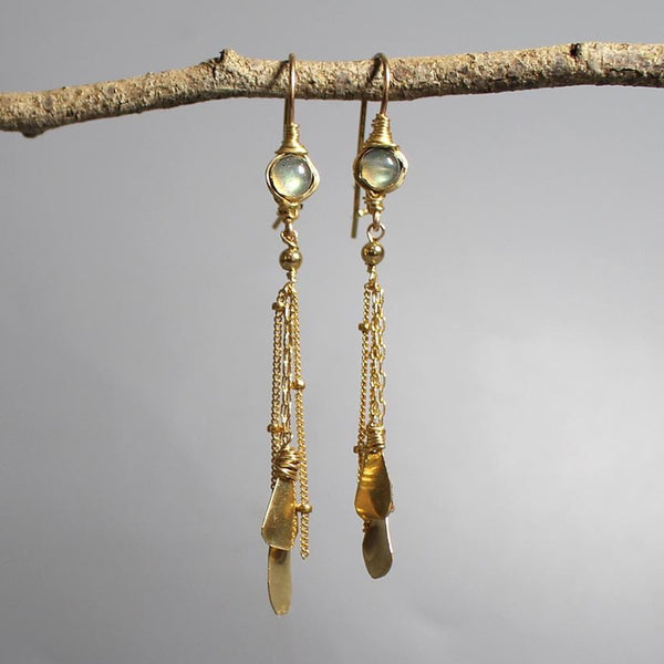 Long Dangle Earrings, Labradorite Earrings, Chain Dangle Earrings, Tassel Earrings, Leaf Drop Earrings, Gemstone Earrings, Gift for Her