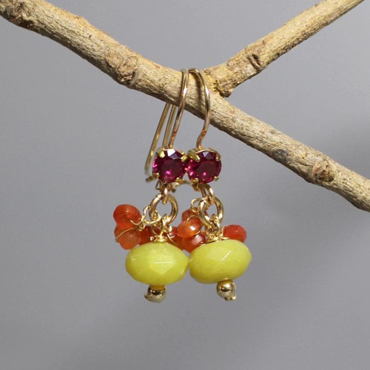 Pink Fuchsia Earrings, Colorful Earrings, Dainty Carnelian Dangle Earrings, Petite Earrings, Serpentine Jade Earrings, Small Earrings