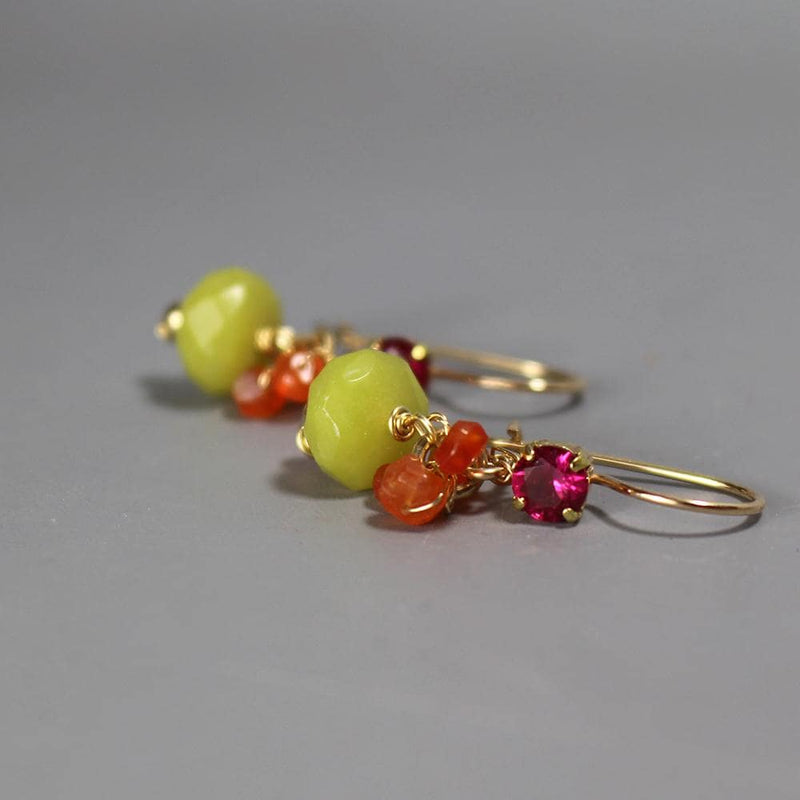 Pink Fuchsia Earrings, Colorful Earrings, Dainty Carnelian Dangle Earrings, Petite Earrings, Serpentine Jade Earrings, Small Earrings