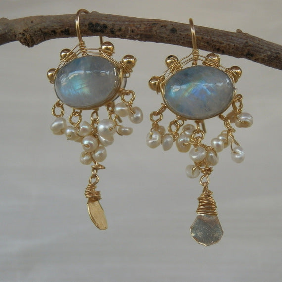 Moonstone Pearl Waterfall Earrings in Gold Filled