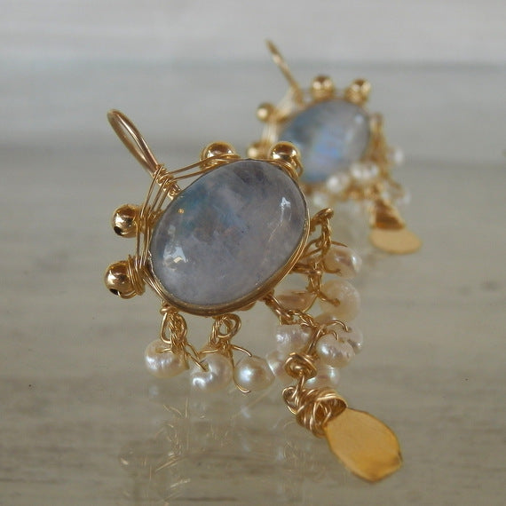 Moonstone Pearl Waterfall Earrings in Gold Filled
