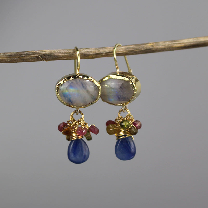 9K Solid Gold Tourmaline Moonstone Earrings