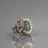 Aquamarine Silver and 9K Gold Queen Ring