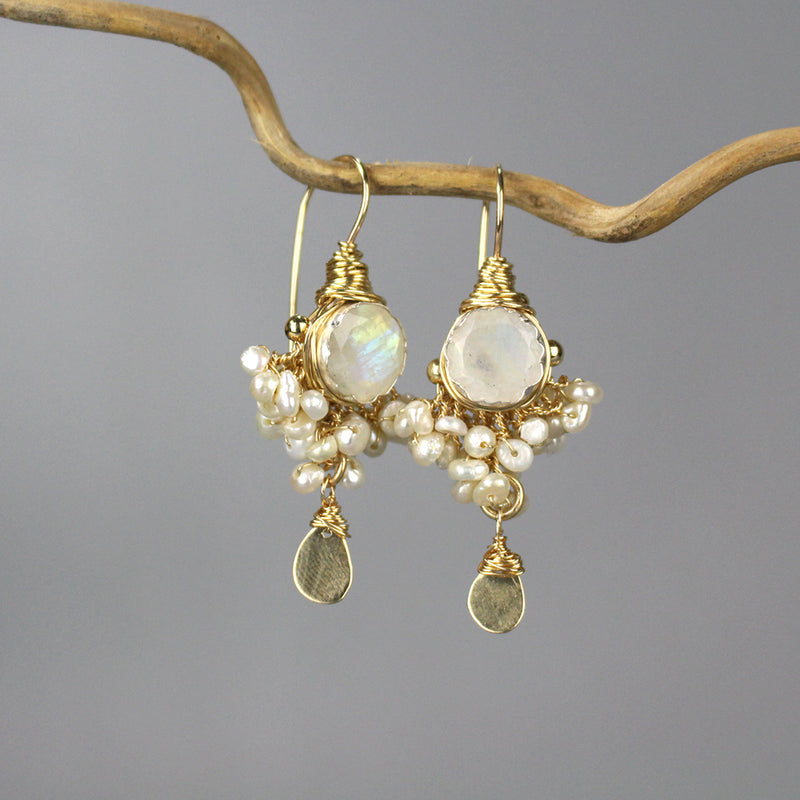 Faceted Moonstone Pearl Goddess Earrings