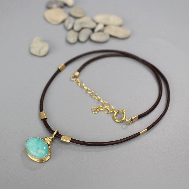 Amazonite Pendant Leather Necklace