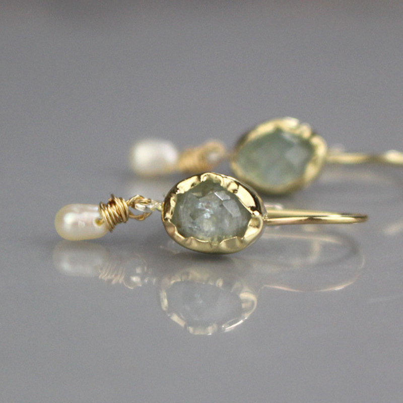 14K Gold Aquamarine Pearl Earrings