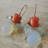 Red Coral and Aquamarine Bee Earrings in Copper