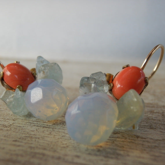 Red Coral and Aquamarine Bee Earrings in Copper