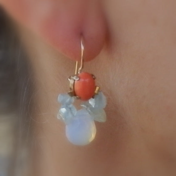 Red Coral and Aquamarine Bee Earrings in Copper