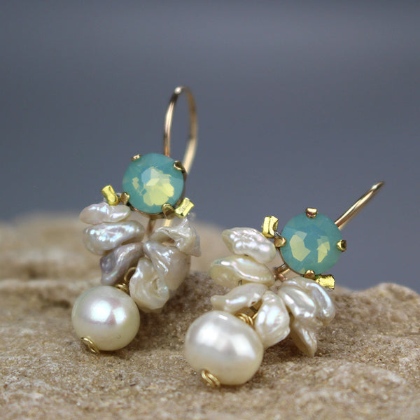 Deep Blue Swarovski Bee Earrings and Natural Pearl