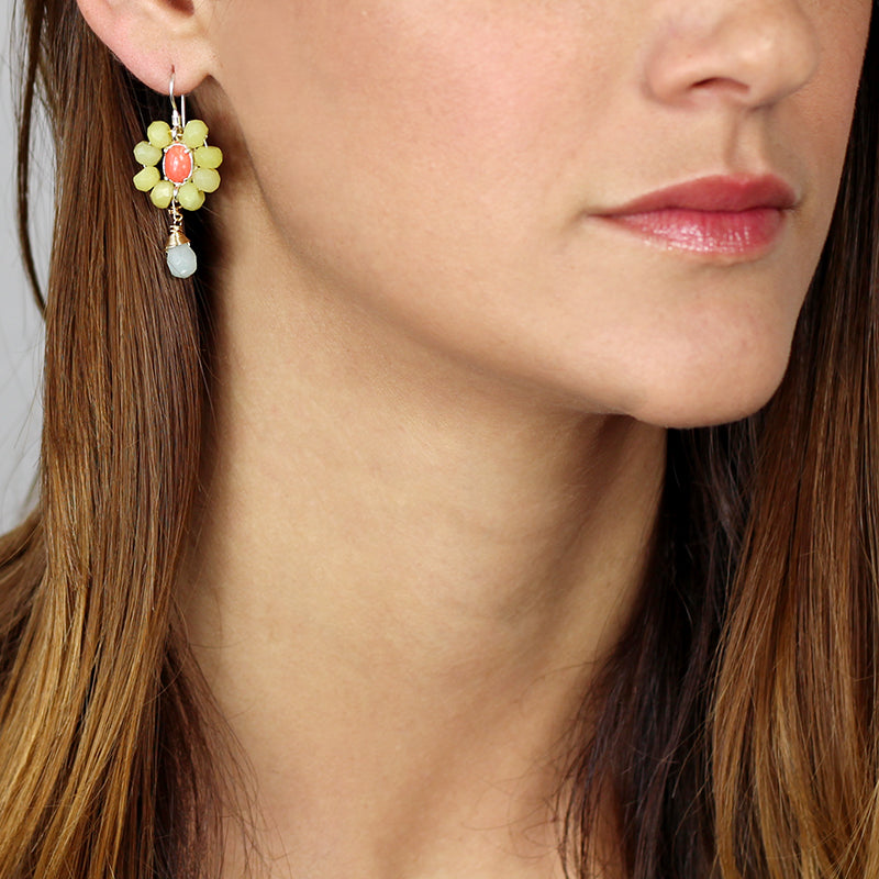 Coral Jade and Amazonite flower earrings