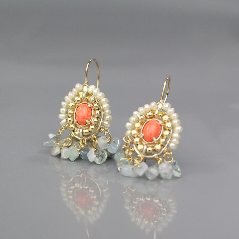 Coral Aquamarine Pearls Cherkes earrings