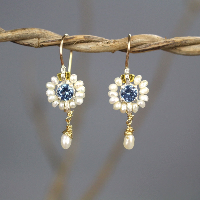 Blue CZ Pearl Flower Earrings