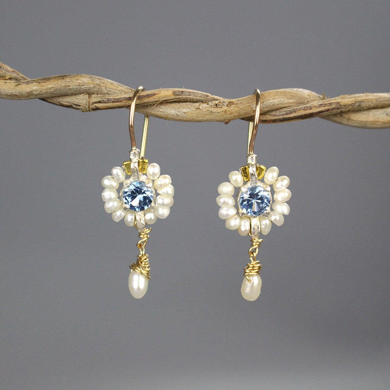 Blue CZ Pearl Flower Earrings