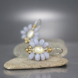 Blue Lace Agate Pearl Flower Earrings