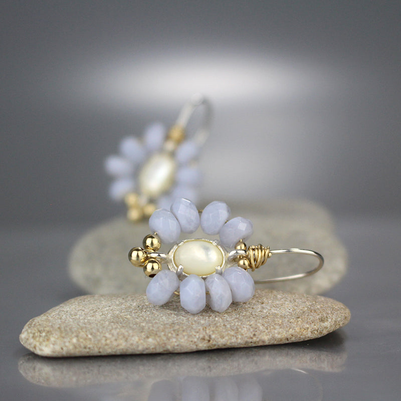 Blue Lace Agate Pearl Flower Earrings